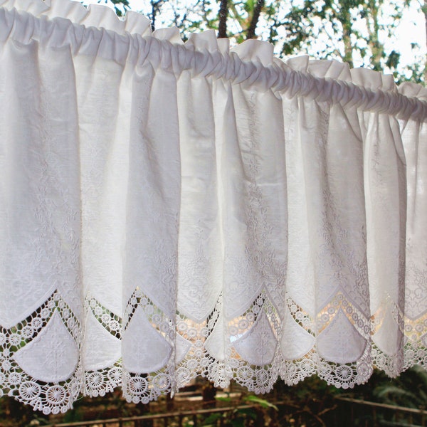 White Cotton Embroidery Cafe Curtain Valance. Custom Made To Order Valance or Cafe Curtain. One Panel. ANY Width.