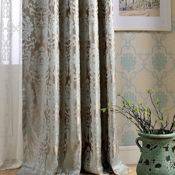 A Pair of  Damask Curtains Made to Order . Dense Jacquard Damask Polyester Blend Fabric Luxury Fabric Curtain Panel