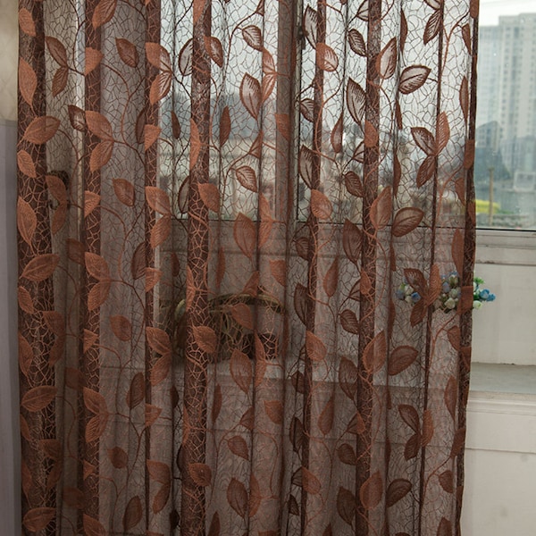 Panneau de voile de rideau transparent en filet jacquard marron café. Un panneau sur mesure. Choisissez Largeur et Longueur. Sur commande. Motif Feuille Jacquard.