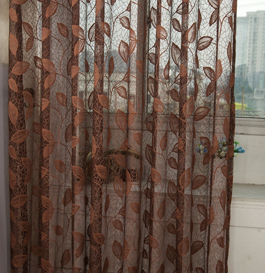 Coffee Brown Jacquard Net Sheer Curtain Voile Panel One Australia Coffee Brown Jacquard Net Sheer Curtain, Patterned Sheer Curtains Australia