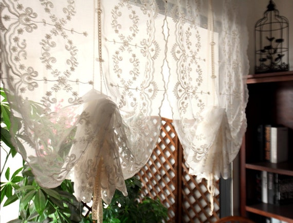 Embroidered Floral Balloon Shade Sheer Voile Cafe Kitchen Curtain Panel 