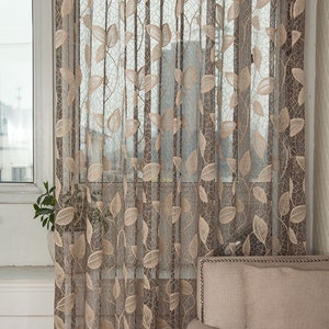 Taupe Jacquard Net Sheer Curtain Voile Panel. One Custom Made Panel. Choose Width and Length. Made To Order. Jacquard Leaf Pattern. image 3