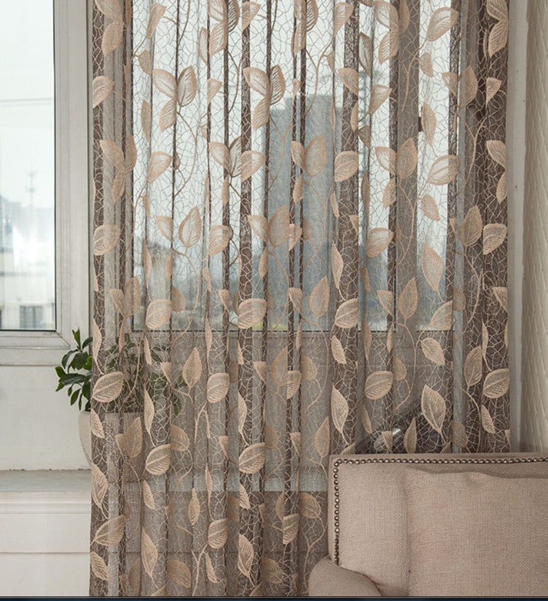 Taupe Jacquard Net Sheer Curtain Voile Panel. One Custom Made Panel. Choose Width and Length. Made To Order. Jacquard Leaf Pattern. image 3