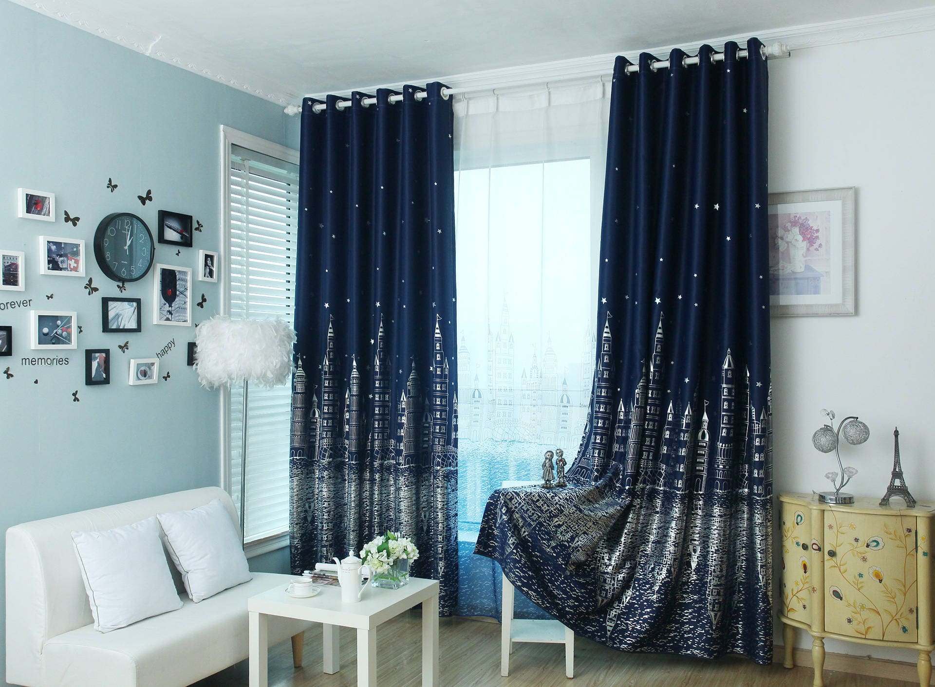 Two Panels Silver Star and Castle Navy Blue Light Blocking Grommet