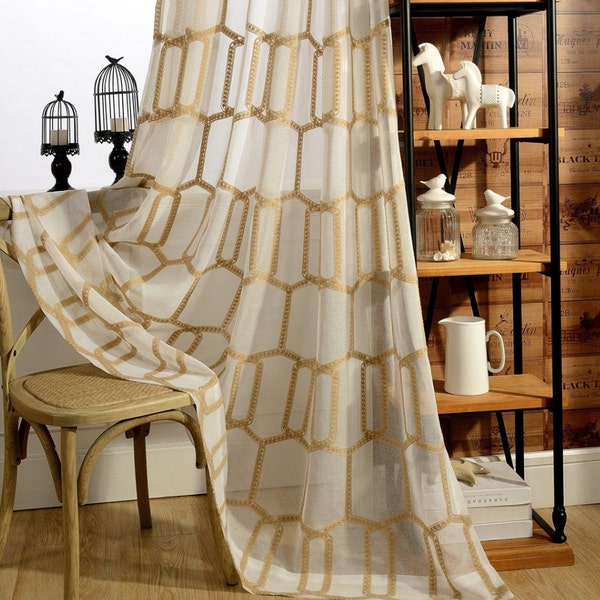 Two Beehive Sheer Curtains Custom Made to Order Upto 104"L. Embroidered Geometric Beehive Honeycomb Pattern - Two Color Brown Or Off White