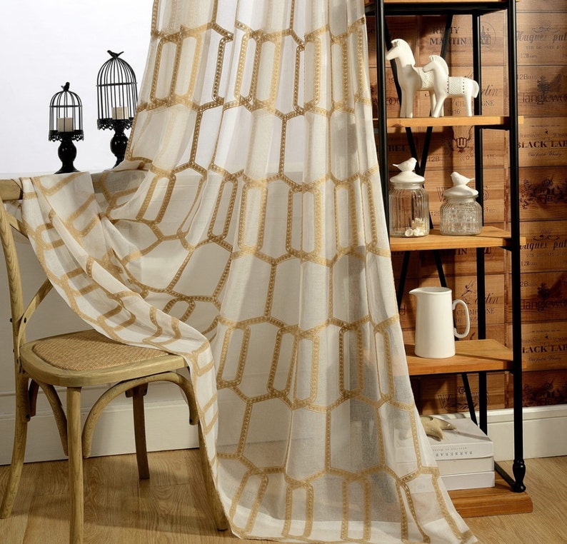 Embroidered White Feather Pattern On Off White light bule Background Two Sheer Curtains Custom Made to Order Upto 104L