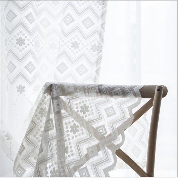 White Geometric Pattern Jacquard Sheer Curtain Panel One White Geometric Pattern Jacquard Sheer, Sheer White Curtains With Geometric Pattern