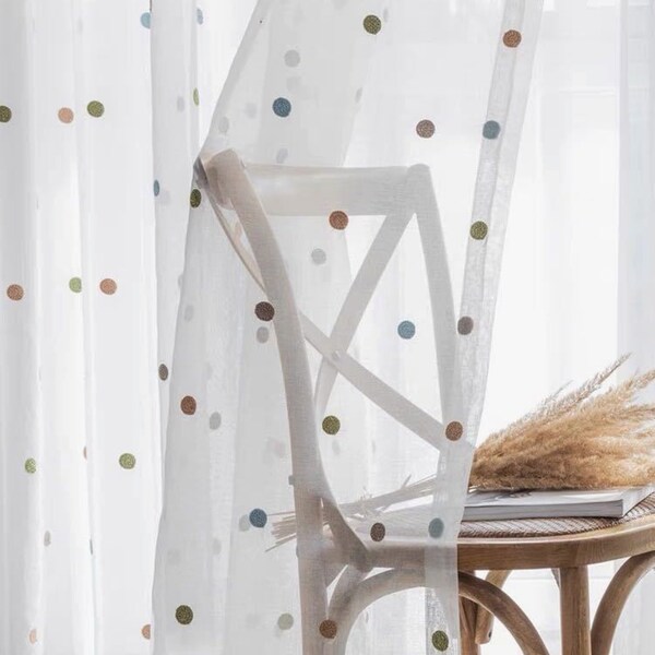 Two Colorful Dots Embroidered Sheer Curtains. Custom Made to Order Up To 104"L. Embroidery Dotted Pattern.