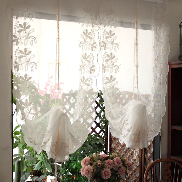 White Country Style Pull Up Balloon Sheer Curtain With Embroidered Floral Patterns Sheer Voile Cafe Curtain Tie Up Curtains