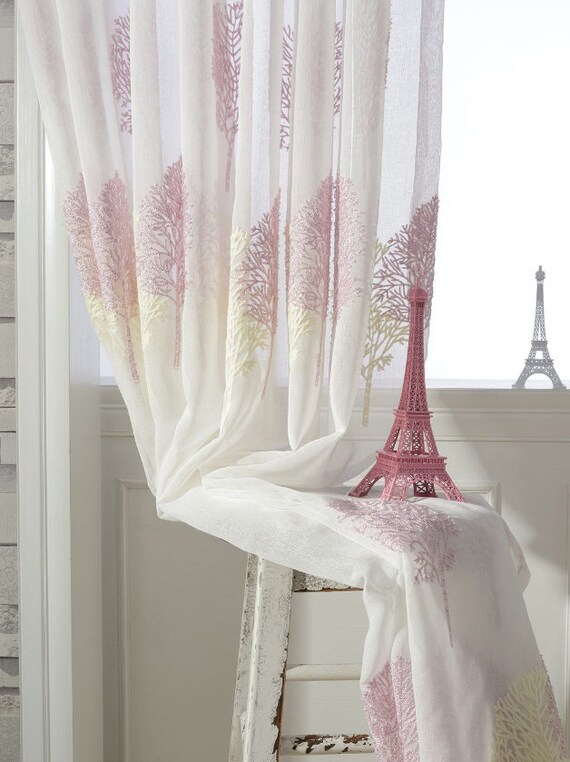 A Pair Of Pink And Ivoy Tree Patterned Embroidey Sheer Curtains Made To Order Upto 102 A Pair Of Pink And Ivoy Tree Patterned, Pink Patterned Curtains