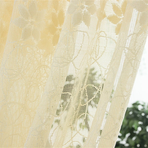 Light Yellow Jacquard Net Sheer Curtain Voile Panel. One Custom Made Panel. Choose Width and Length. Made To Order. Jacquard Floral Pattern.