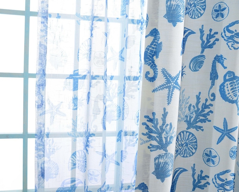 Two Custom White And Blue Nautical Sheer Curtains Made to Order Sea Beach Ocean Theme Starfish Seahorse Seashell Coral.
