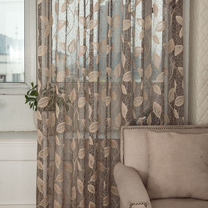 Taupe Jacquard Net Sheer Curtain Voile Panel. One Custom Made Panel. Choose Width and Length. Made To Order. Jacquard Leaf Pattern. image 1