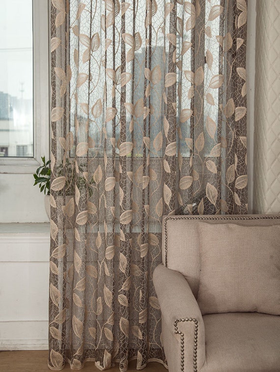 Taupe Jacquard Net Sheer Curtain Voile Panel. One Custom Made