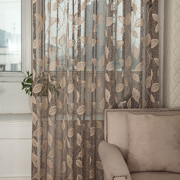 Taupe Jacquard Net Sheer Curtain Voile Panel. One Custom Made Panel. Choose Width and Length. Made To Order. Jacquard Leaf Pattern.