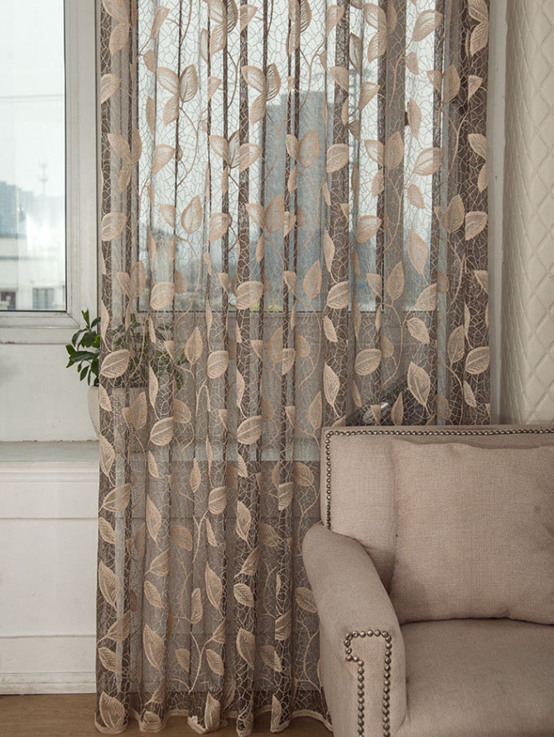 Taupe Jacquard Net Sheer Curtain Voile Panel. One Custom Made Panel. Choose Width and Length. Made To Order. Jacquard Leaf Pattern. image 1