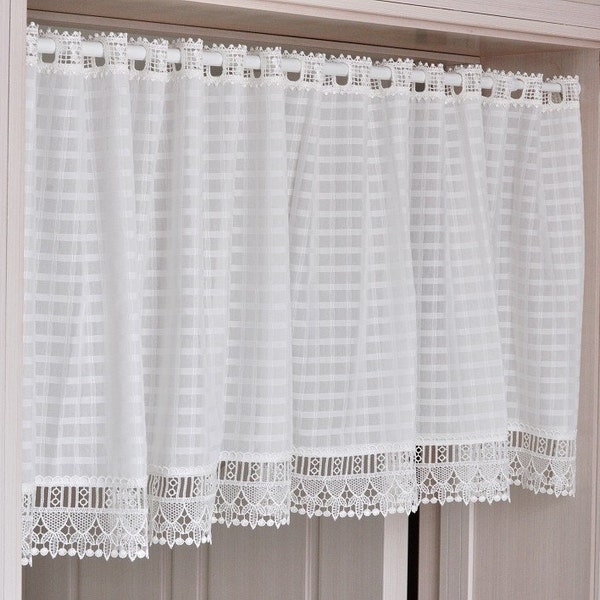 White Check Plaid Lace Cafe Curtain - 55" Wide or 78"Wide. Choose Your Length. Small Check Patterned White Lace Top and Bottom