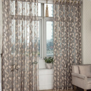 Taupe Jacquard Net Sheer Curtain Voile Panel. One Custom Made Panel. Choose Width and Length. Made To Order. Jacquard Leaf Pattern. image 2