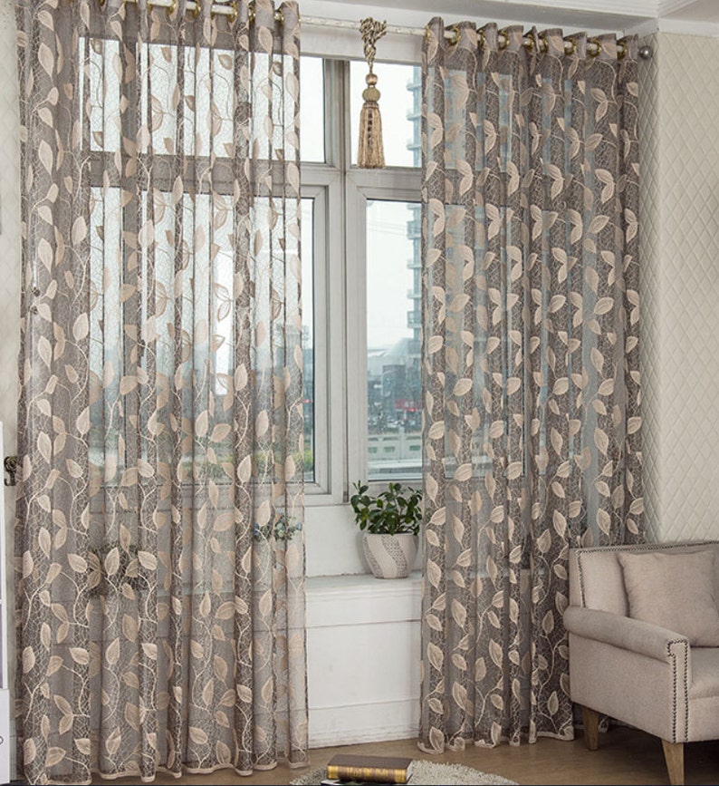 Taupe Jacquard Net Sheer Curtain Voile Panel. One Custom Made Panel. Choose Width and Length. Made To Order. Jacquard Leaf Pattern. image 2
