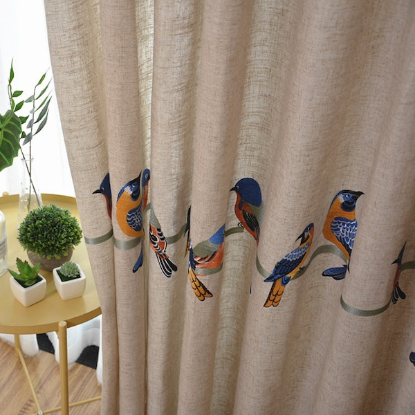 A Pair of Custom Curtains Made to Order Up to 104"L, Birds Embroidery on Beige Polyester and Linen Cotton Blend Fabric.