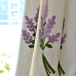 3 Colors, A Pair of Curtains Made to Order Upto 104"L.Embroidered Purple Bouquet Floral Pattern On Polyester And Cotton Blended Fabric.