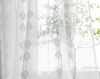 A Pair of White Leaf Patterned Embroidey Sheer Curtains Made to Order Upto 102"L Embroidered Leaf Pattern On Soft White Sheer Fabric