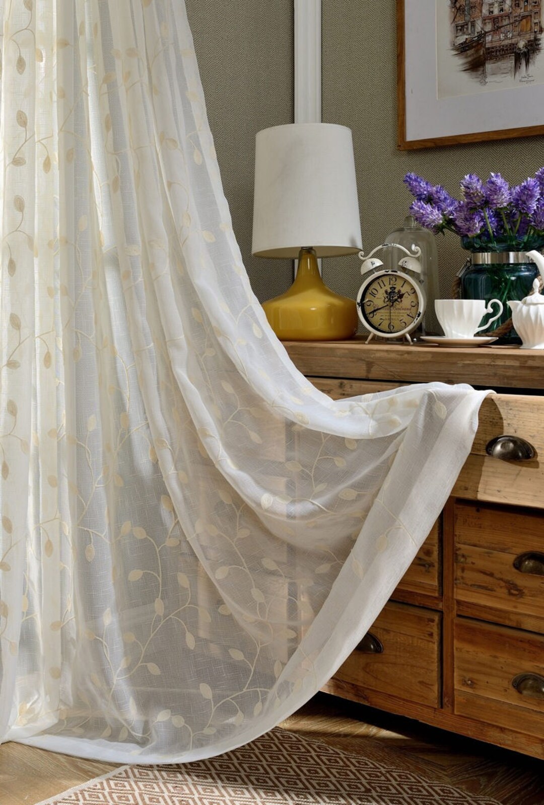 Light Brown Jacquard Net Sheer Curtain Voile Panel. One Custom Made Panel.  Choose Width and Length. Made to Order. Jacquard Floral Pattern. 
