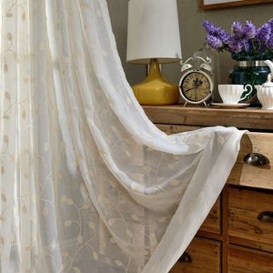 Sheer Curtain Voile Panel With Cotton Embroidery Pattern. One Panel. Choose Width and Length. Made To Order. Custom Size Available.