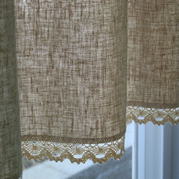 Natural Linen Cotton Cafe Curtain Valance with Cotton Decorative Trim. Made to Order. One Panel  51"W  Up to 22"L. Custom Size Available.