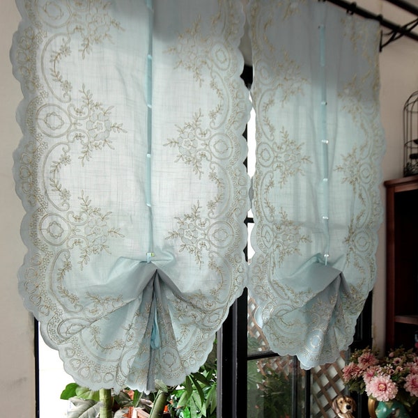 Blue Country Style Pull Up Balloon Curtain With Embroidered Floral Patterns Voile Cafe Curtain Tie Up Curtains -Made To Order
