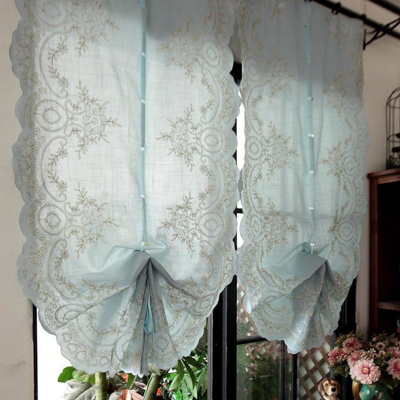 Blue Country Style Pull Up Balloon Curtain With Embroidered Fl Patterns Voile Cafe Tie Curtains