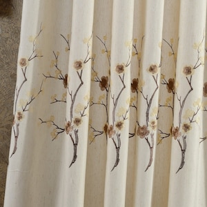 A Pair of Custom Curtains Made to Order Up to 104"L Embroidered Floral Pattern On Off White Polyester Cotton Linen Blend Fabric