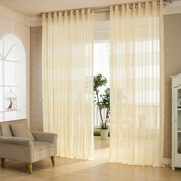 Crème (Ivoire) Couleur Grec Key Net Sheer Curtain Voile Panel. Un panneau sur mesure.  Fabriqué sur commande. Clé grecque Jacquard.