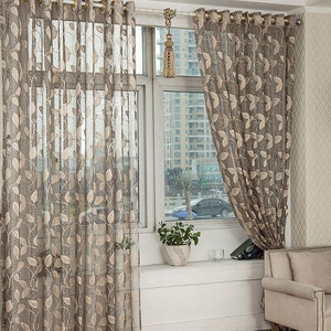 Taupe Jacquard Net Sheer Curtain Voile Panel. One Custom Made Panel. Choose Width and Length. Made To Order. Jacquard Leaf Pattern. image 5