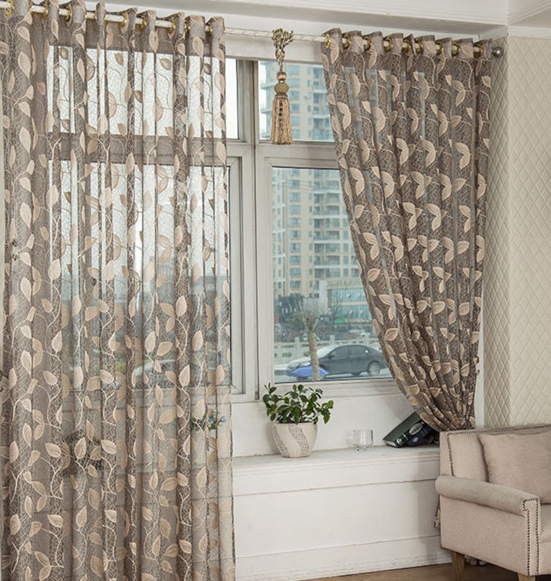 Taupe Jacquard Net Sheer Curtain Voile Panel. One Custom Made Panel. Choose Width and Length. Made To Order. Jacquard Leaf Pattern. image 5