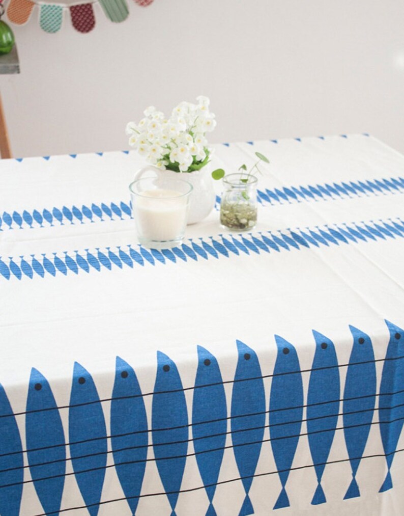 Linen Cotton Blend Ecofriendly Off White Tablecloth With Blue Image 0
