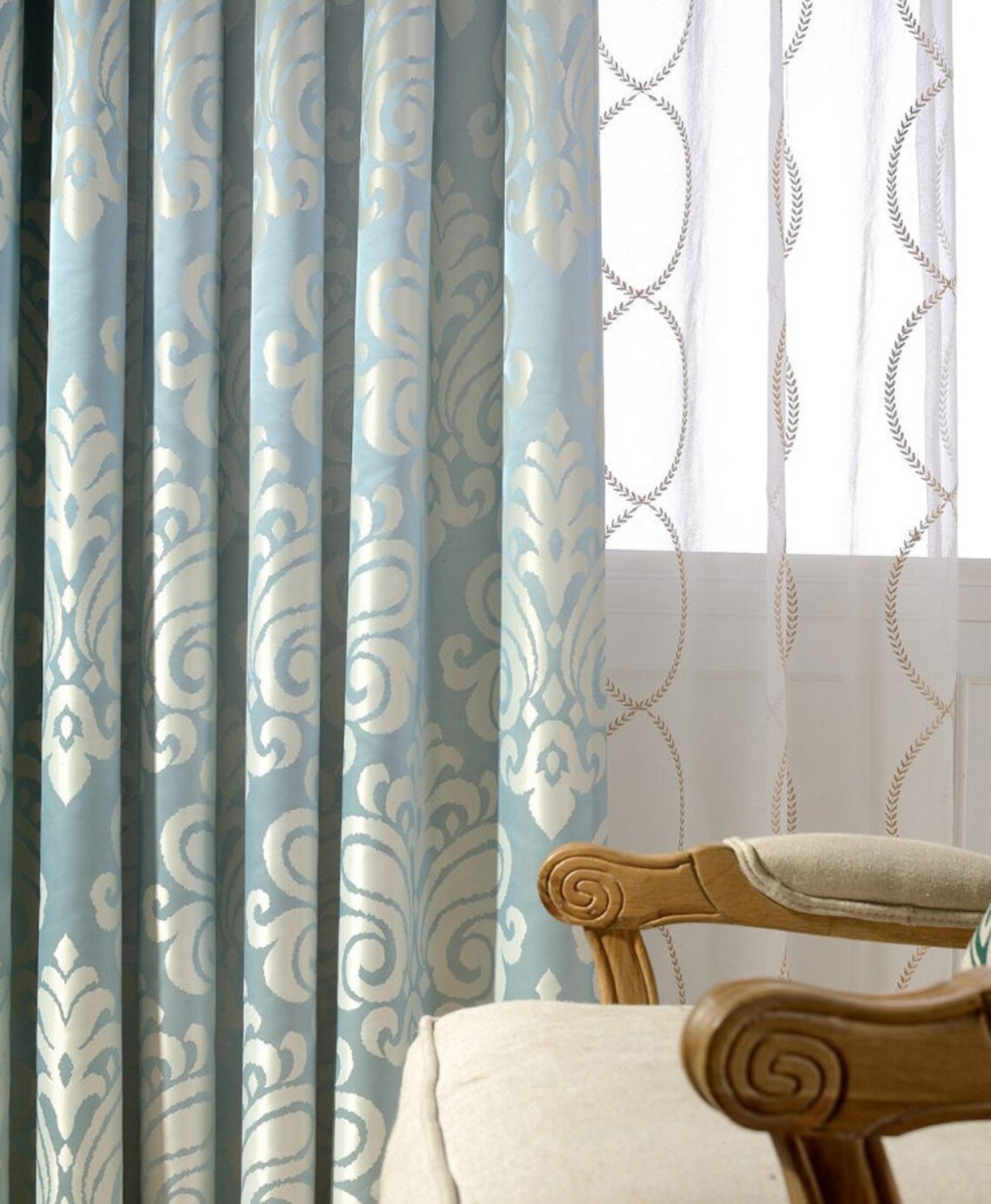 A Pair of Blue off White Damask Curtains Made to Order up to Etsy