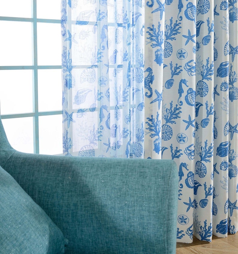 Two Custom White And Blue Nautical Sheer Curtains Made to Order Sea Beach Ocean Theme Starfish Seahorse Seashell Coral.