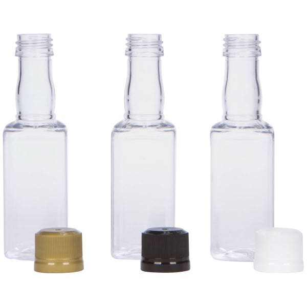 12 Mini SQUARE Liquor Bottles small 50ml mini empty plastic mini alcohol bottle shots + Caps (black, gold, white, silver)  Active