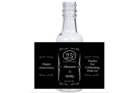 12 personalized 25 Year Anniversary mini liquor bottles favors shots, caps, and labels