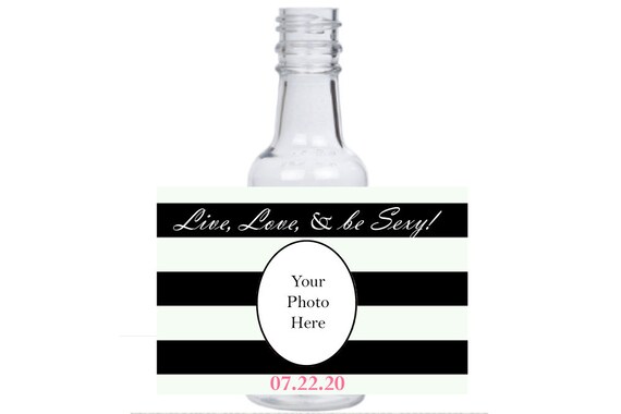 12 personalized Black and White Zebra Stripes mini liquor bottles, caps, and labels