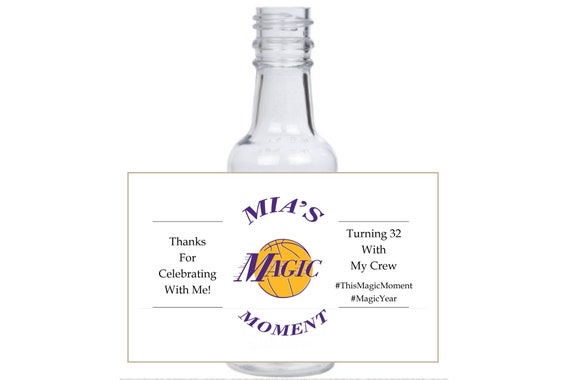 12 personalized Magic Moment mini liquor bottles favors shots, caps, and labels