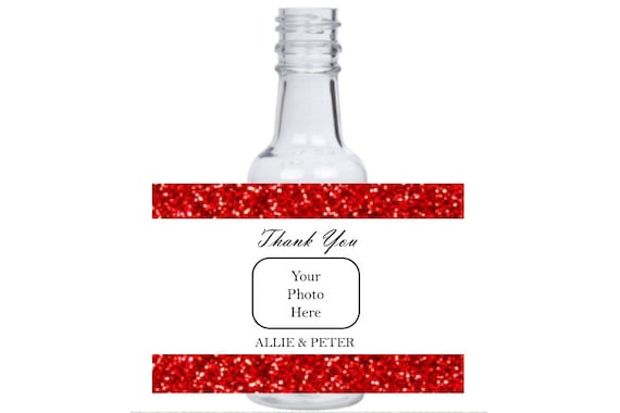 12 personalized ruby red stone glitter mini liquor bottles, caps, and labels