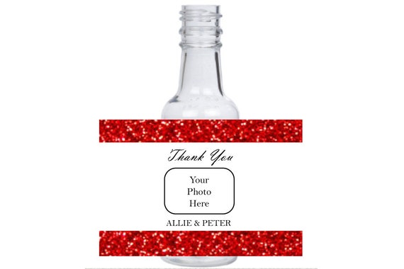 12 personalized ruby red stone glitter mini liquor bottles, caps, and labels