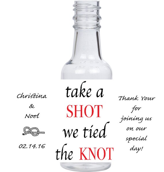 12 personalized "Take a Shot we tied the Knot" mini liquor bottles, caps, and labels for your wedding or engagement event