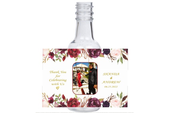 12 personalized floral Wedding photo shoot mini liquor bottles favors, caps, and labels