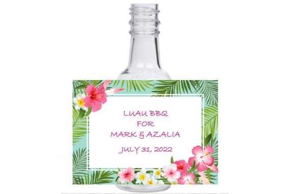 personalized luau Hawaii theme customized Celebration round mini liquor bottles, caps, and personalized labels