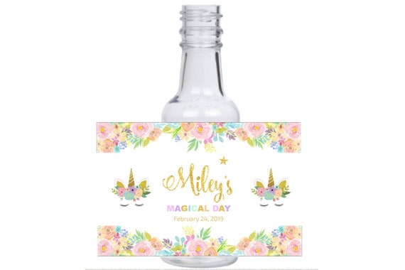 Personalized Rainbow Unicorn mini bottles for kids birthday party favors to fill with candy, confetti, sprinkles