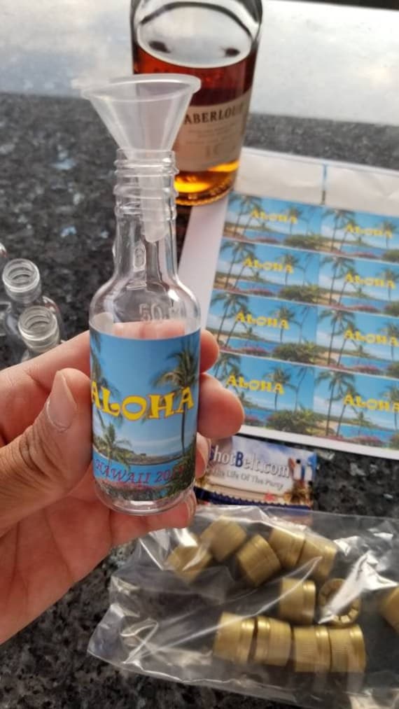 ALOHA 12 Hawaiian airplaine vacation TSA approved Customized Personalized Mini Liquor bottle Labels