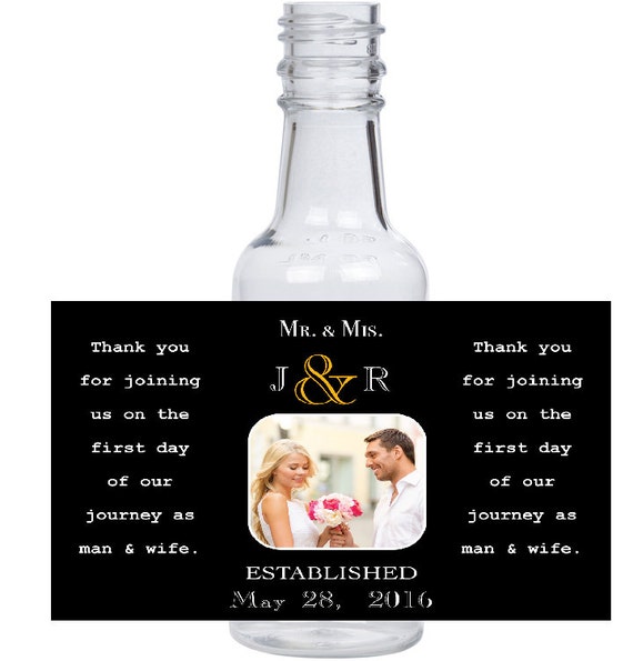 12 personalized Mr. & Mrs. Smith mini liquor bottles, caps, and labels for your wedding, engagement, or event party